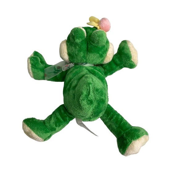 Fine Toy Frog Plush Stuffed Animal Green Holding Pink Yellow Flower Sheer Bow - Picture 8 of 15